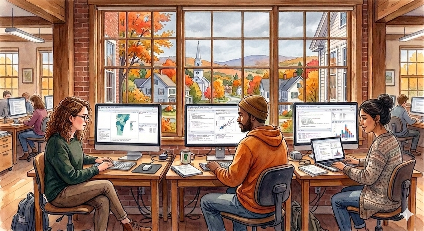 Students working at computers in a Vermont classroom in autumn